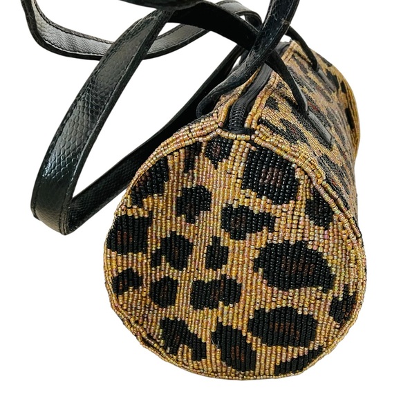 Vintage Beaded Leopard Print Barrel Bag Purse Double Handles - Picture 5 of 9